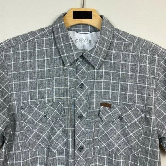 Orvis Shirt M Tech Performance Short Sleeve Button Up Plaid Gray White Mens - Picture 2 of 9